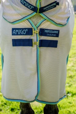 Online horseware Amigo Bug Buster fluedekken med avtakbar halsdel Chalk/Navy&BlueHaze