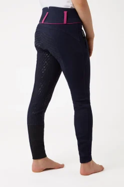 New horze Daniella helforsterkede ridebukser med silikon, barn DarkNavy/CactusFlowerPurple