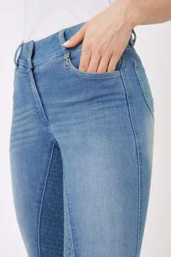 Sale horze Kaia denim-ridebukser, høyt liv og helforsterket med silikon, dame LightDenimBlue