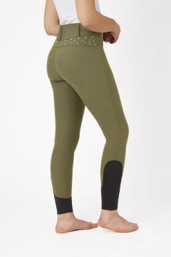 Sale horze ridebukser med full grip, høyt liv og krystaller til dame WinterMossGreen