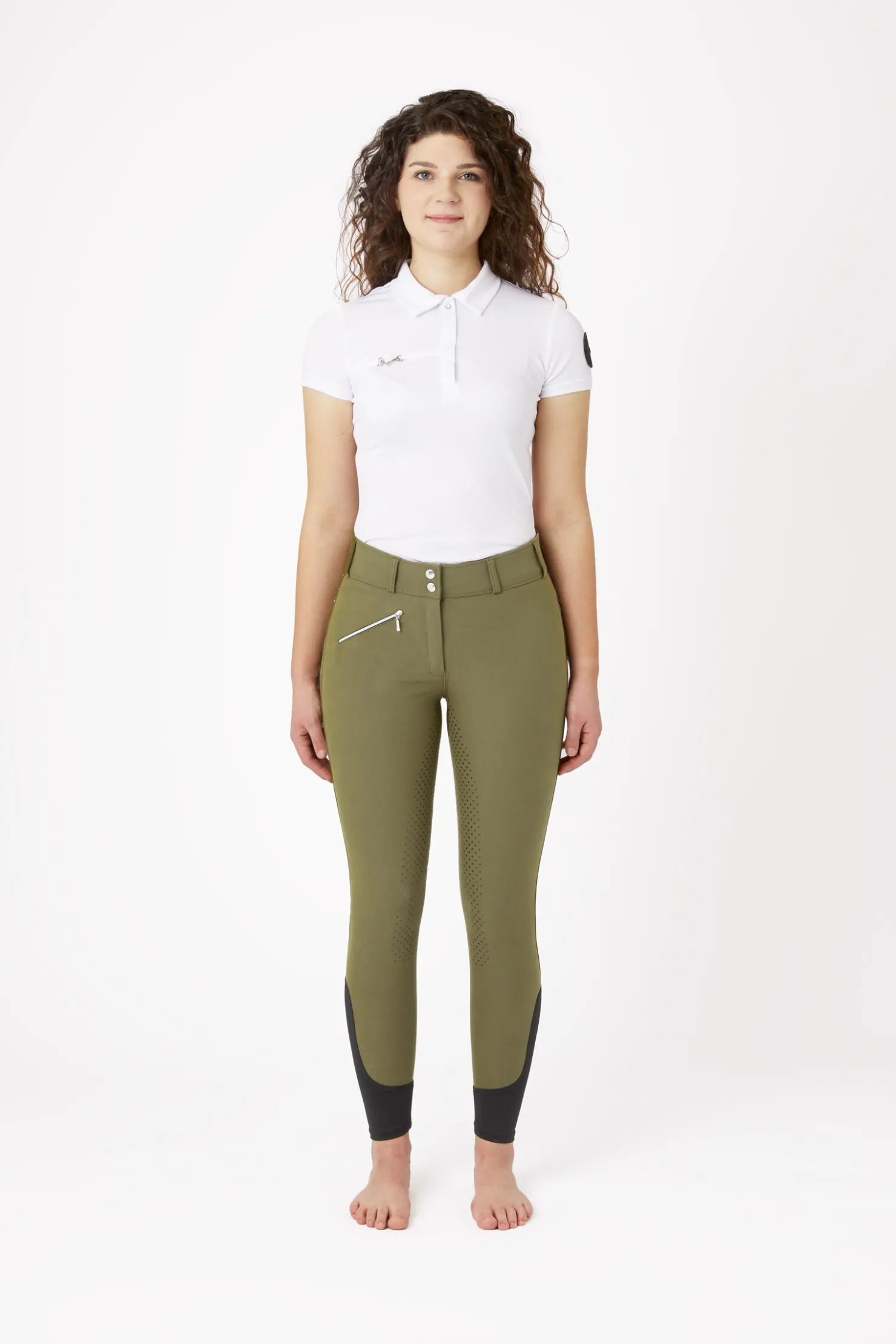 Sale horze ridebukser med full grip, høyt liv og krystaller til dame WinterMossGreen