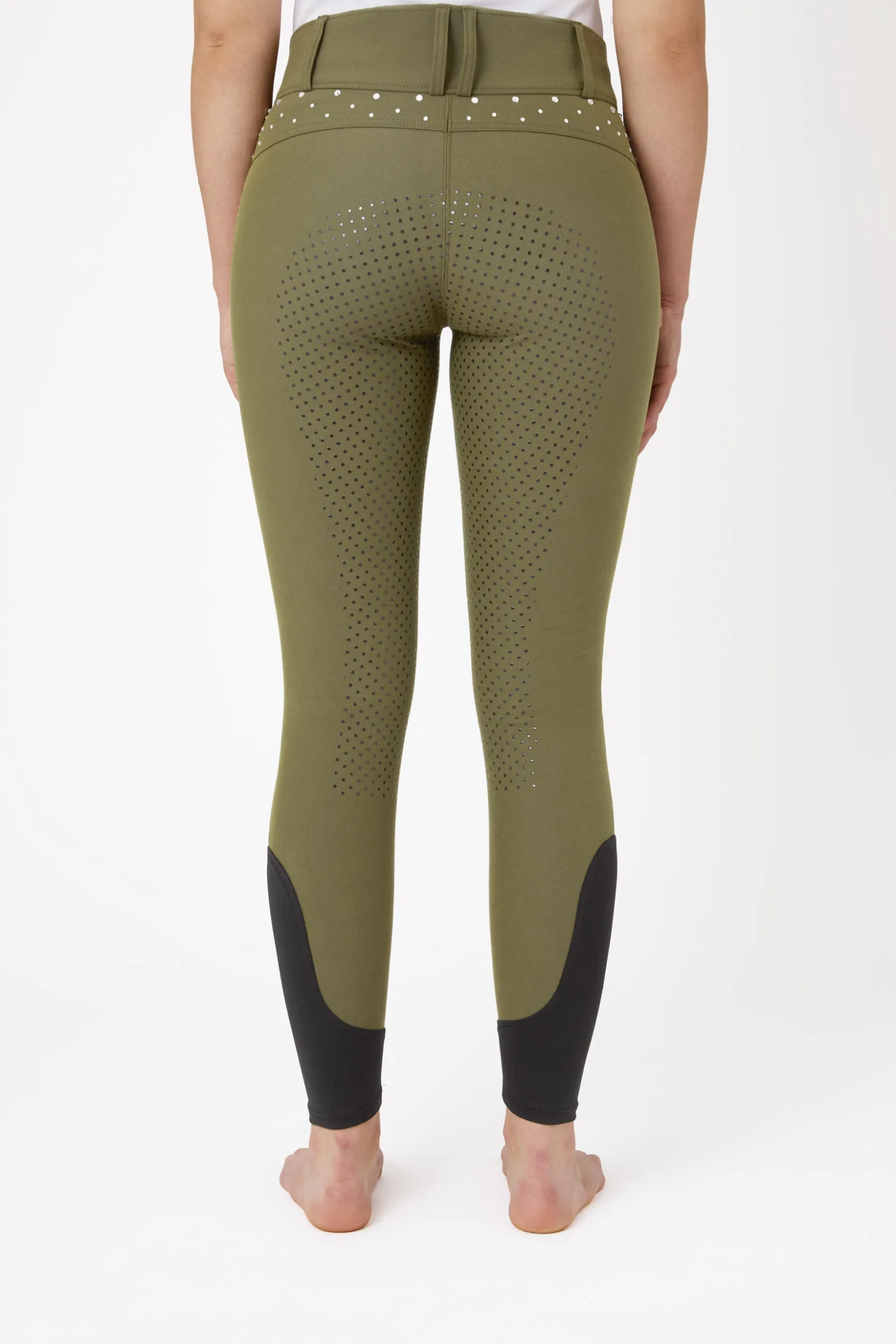 Sale horze ridebukser med full grip, høyt liv og krystaller til dame WinterMossGreen