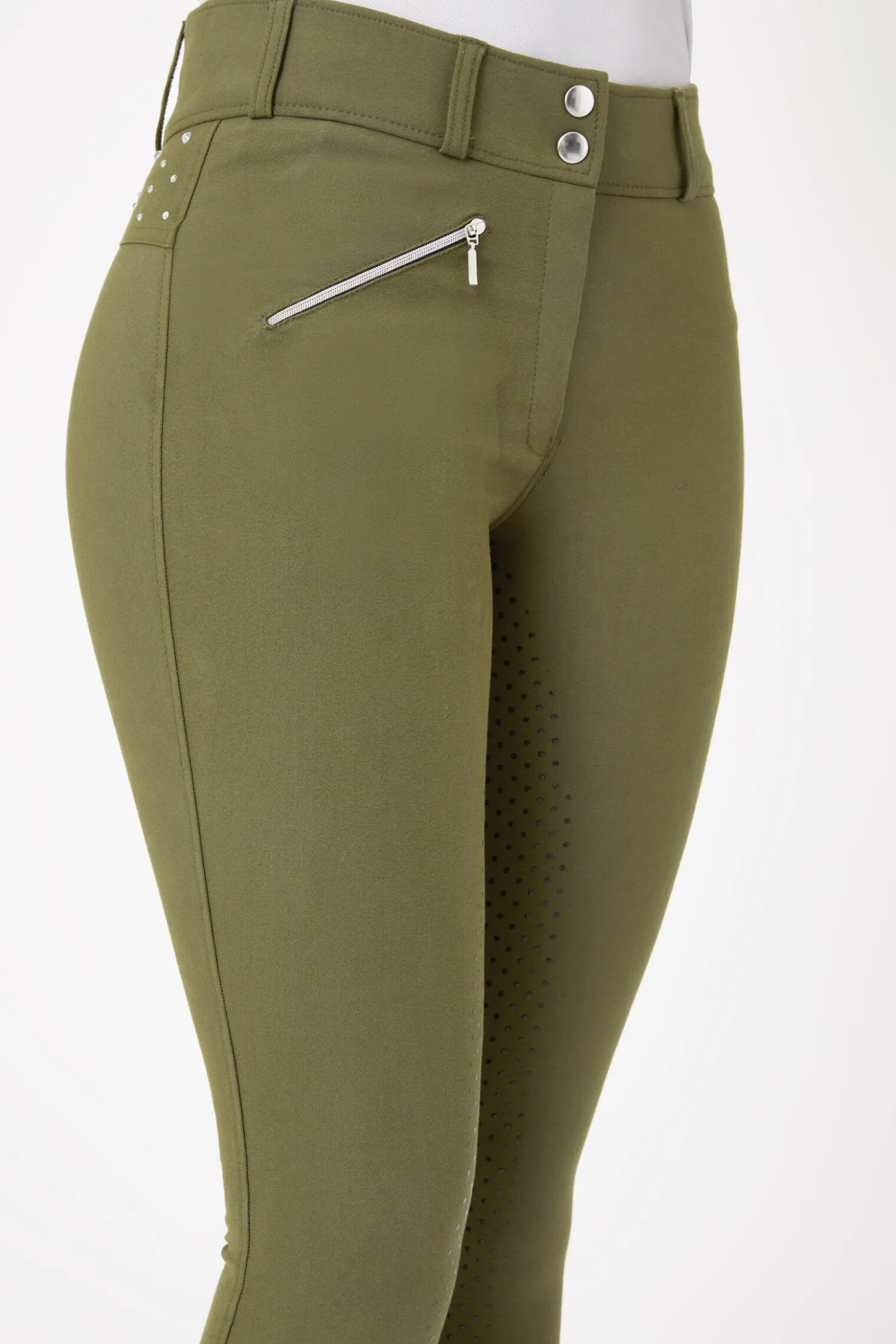 Sale horze ridebukser med full grip, høyt liv og krystaller til dame WinterMossGreen