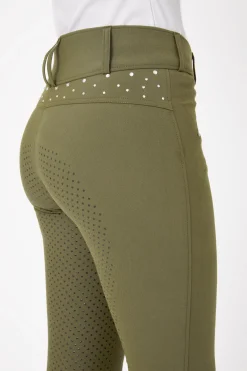 Sale horze ridebukser med full grip, høyt liv og krystaller til dame WinterMossGreen