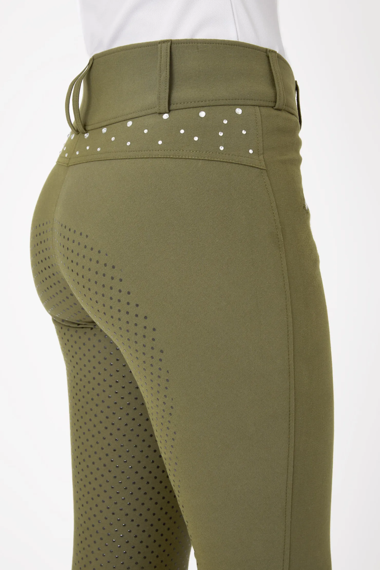 Sale horze ridebukser med full grip, høyt liv og krystaller til dame WinterMossGreen